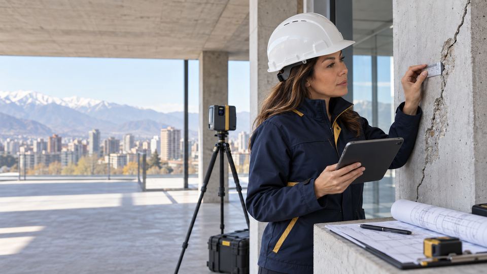 Profesional con escáner láser documentando una fisura estructural, vista de Santiago al fondo.