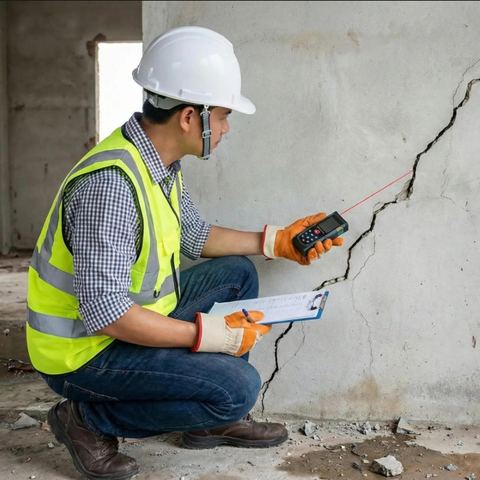 Inspector con láser medidor sobre un muro fisurado.