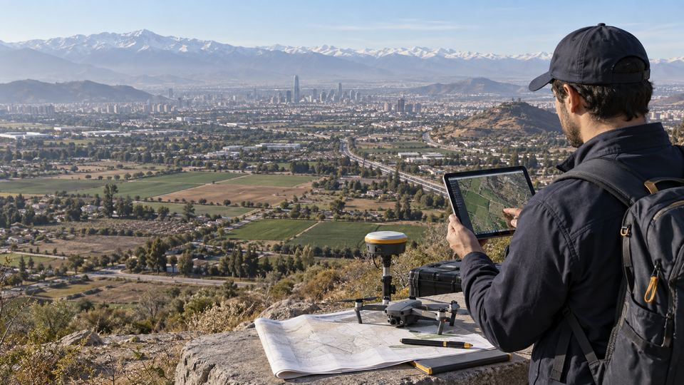 Profesional con tablet y GNSS analizando el valle de Santiago desde un cerro.