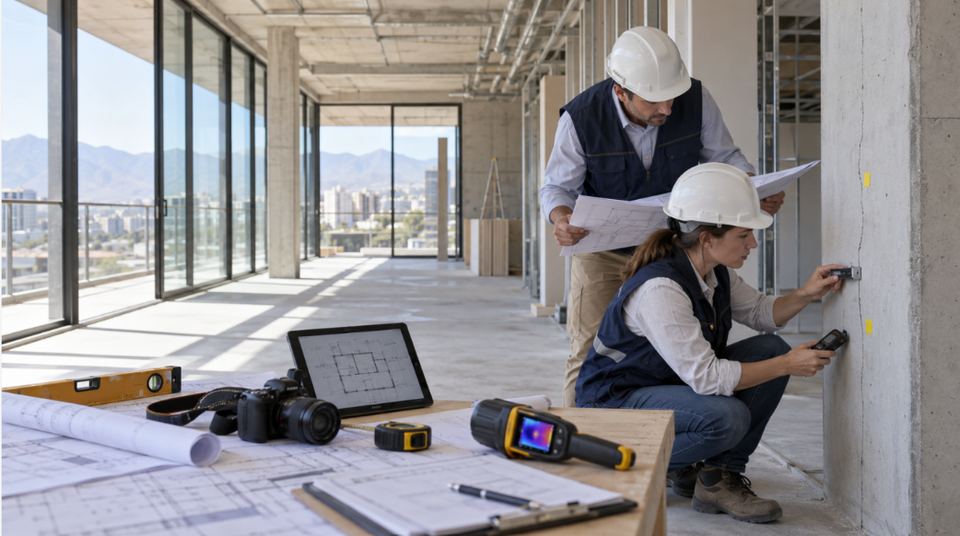 Dos inspectores con cámara térmica y planos revisando un muro en obra gruesa.