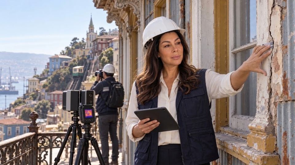 Profesional inspeccionando el marco de una ventana en un inmueble patrimonial de Valparaíso.