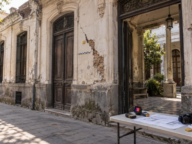 Fachada de un inmueble patrimonial con puerta ornamentada y equipo de registro técnico.