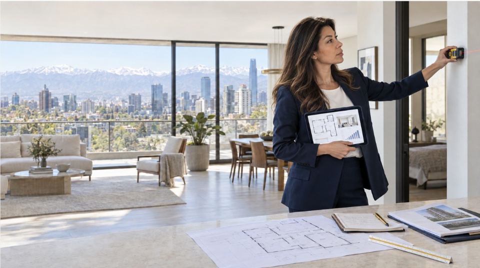 Profesional con tablet y láser medidor tasando un departamento con vista a la ciudad.