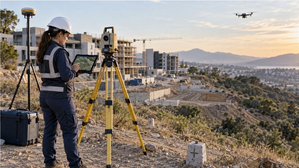 Topógrafa con estación total, receptor GNSS y dron sobre Santiago al atardecer.